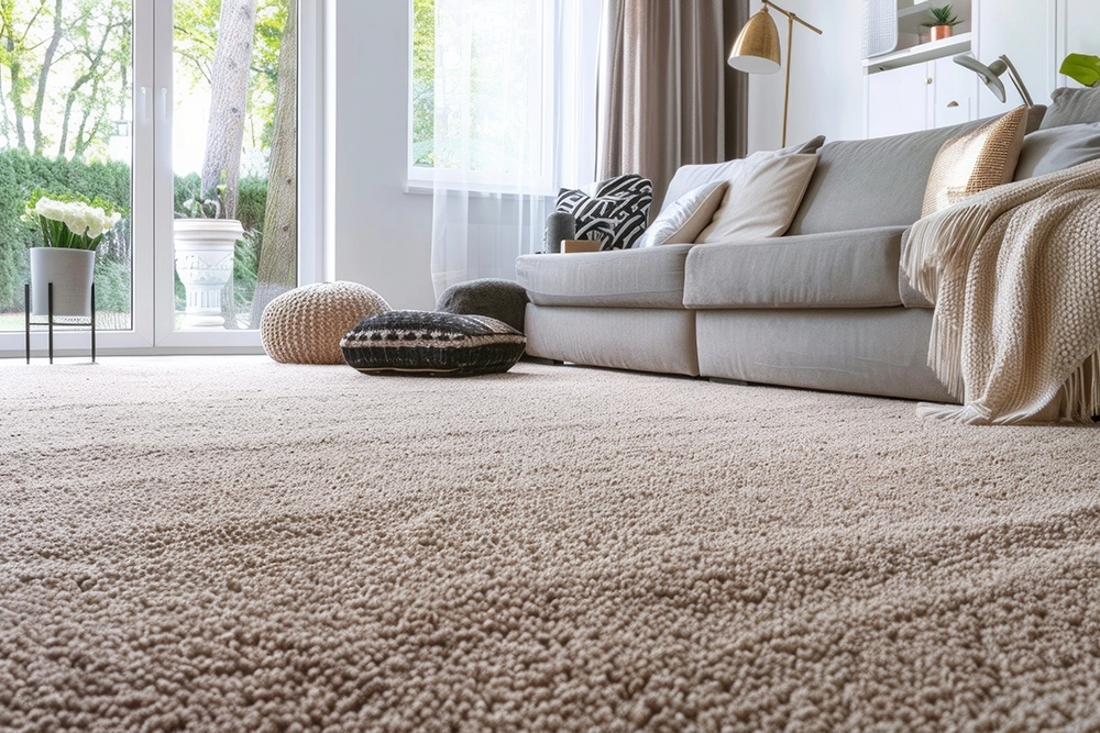 Bright living room with freshly cleaned beige plush carpet, gray sofa with cushions, and floor pillows near large windows.