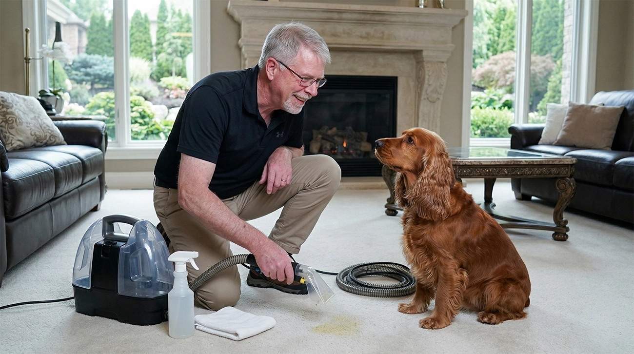 Dean cleaning a carpet stain near a brown dog using a carpet cleaner in a living room with sofas and a fireplace.
