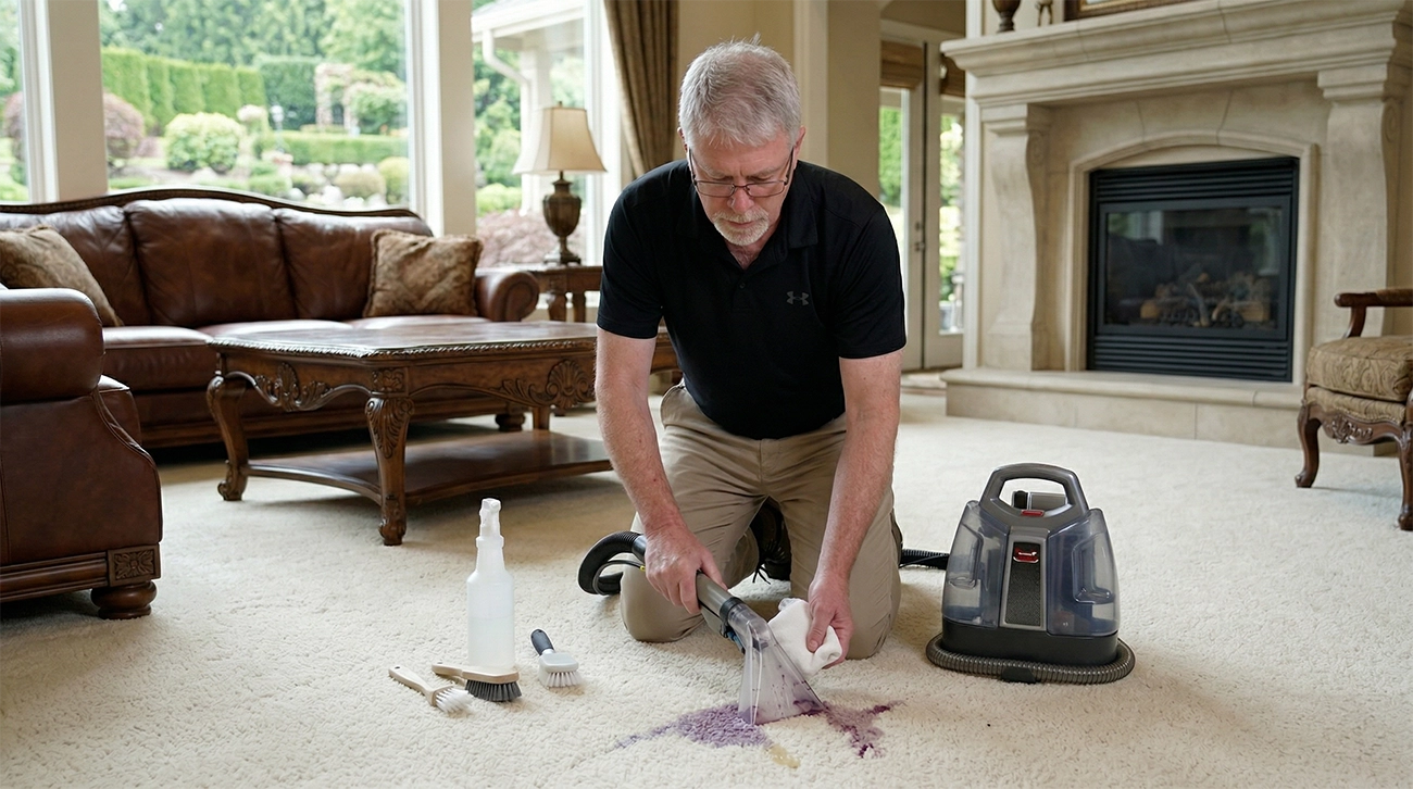 Dean using carpet cleaner to remove a purple stain from a beige carpet in a living room.