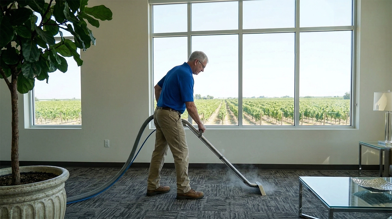 Dean  in blue shirt steam cleaning a carpet inside a large commercial space in Yakima with large windows showing vineyard outside.