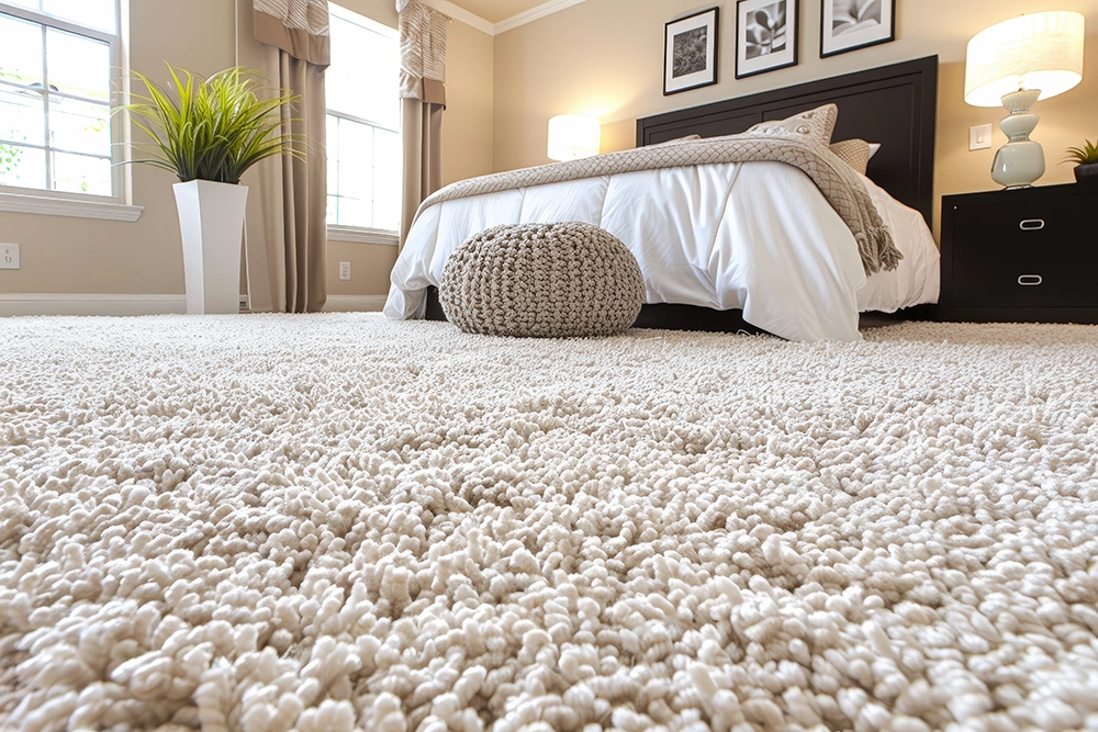 Close-up of a thick beige carpet in a bedroom with a bed, knitted ottoman, potted plant, and bedside lamp.