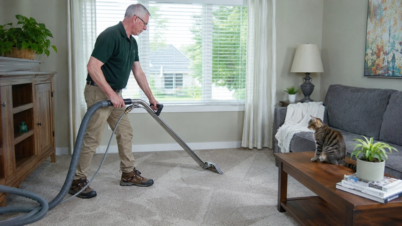 Dean from Valley Professional cleaning a Yakima living room carpet while a tabby cat watches from the coffee table