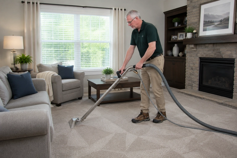 Dean deep cleaning a beige carpet in a Union Gap living room with a stone fireplace
