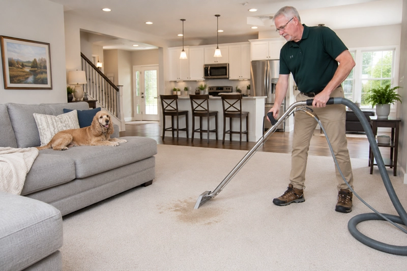 Dean using truck-mounted hot water extraction to lift a pet stain from a Zillah living room carpet while a dog rests on the sectional