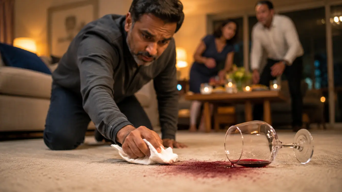 Tipped glass of red wine and a fresh stain on light carpet as a man crouches with a cloth to blot the red wine before it sets.