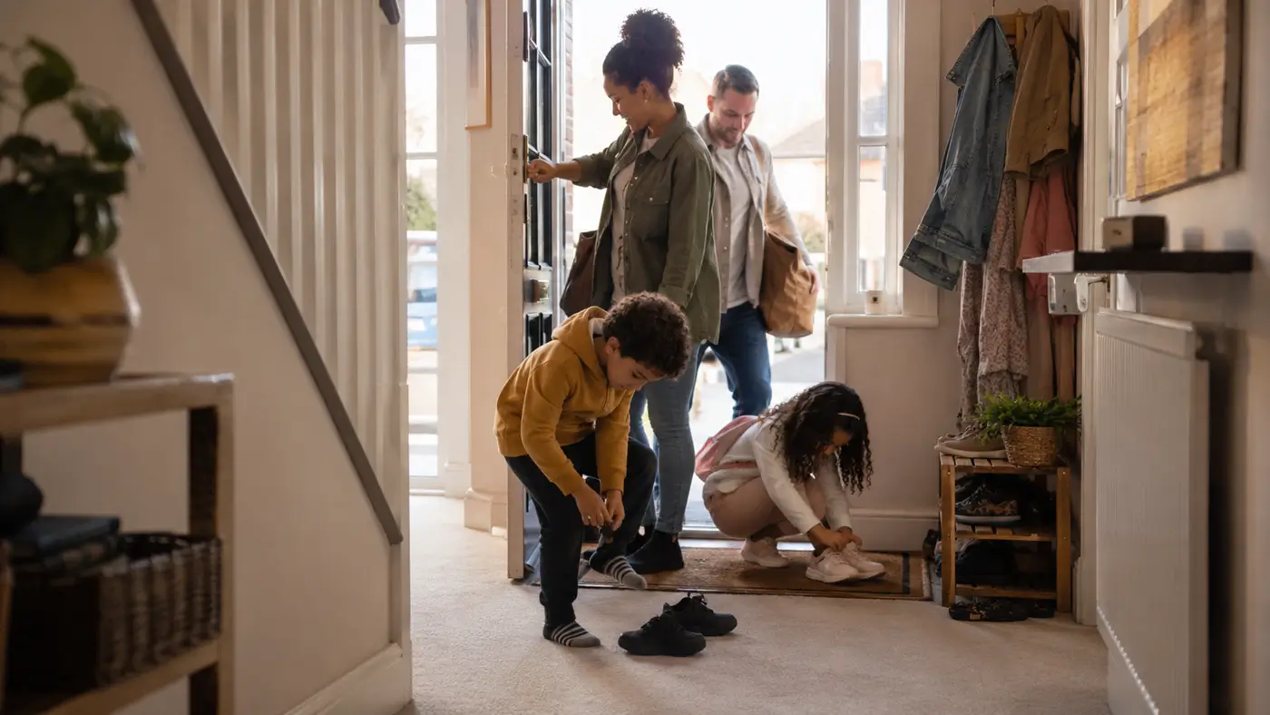 Family removing shoes on a doormat to protect freshly cleaned carpet, a carpet care tip from Valley Professional Carpet & Upholstery Cleaning.
