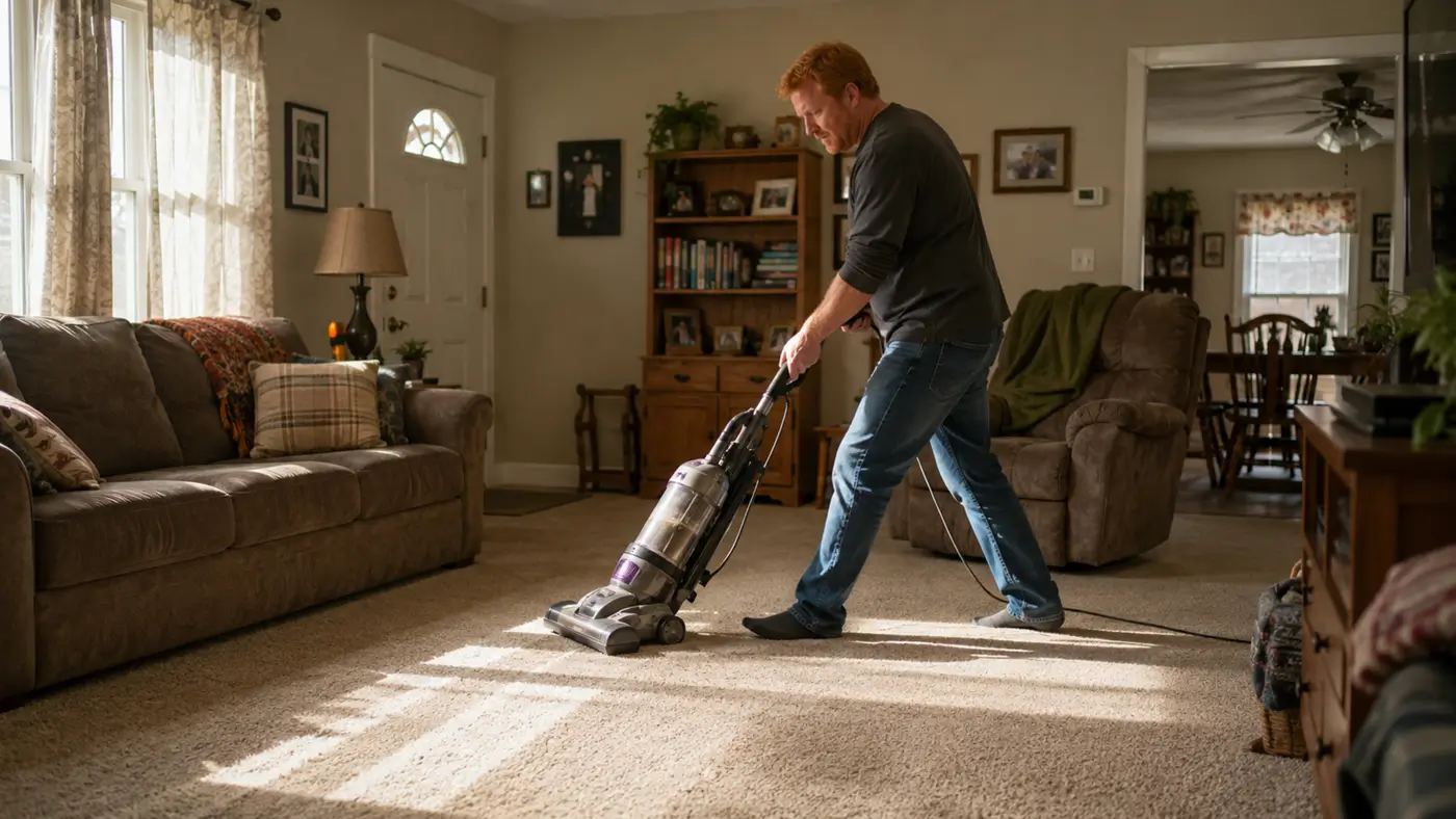Man vacuuming a living room carpet with clean track lines, illustrating DIY versus professional carpet cleaning from Valley Professional Carpet & Upholstery Cleaning.