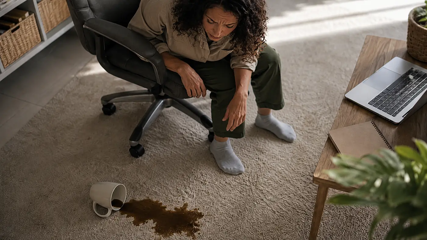 Spilled coffee mug on beige carpet beside a home office chair as a woman reaches down with a paper towel to blot the coffee stain.