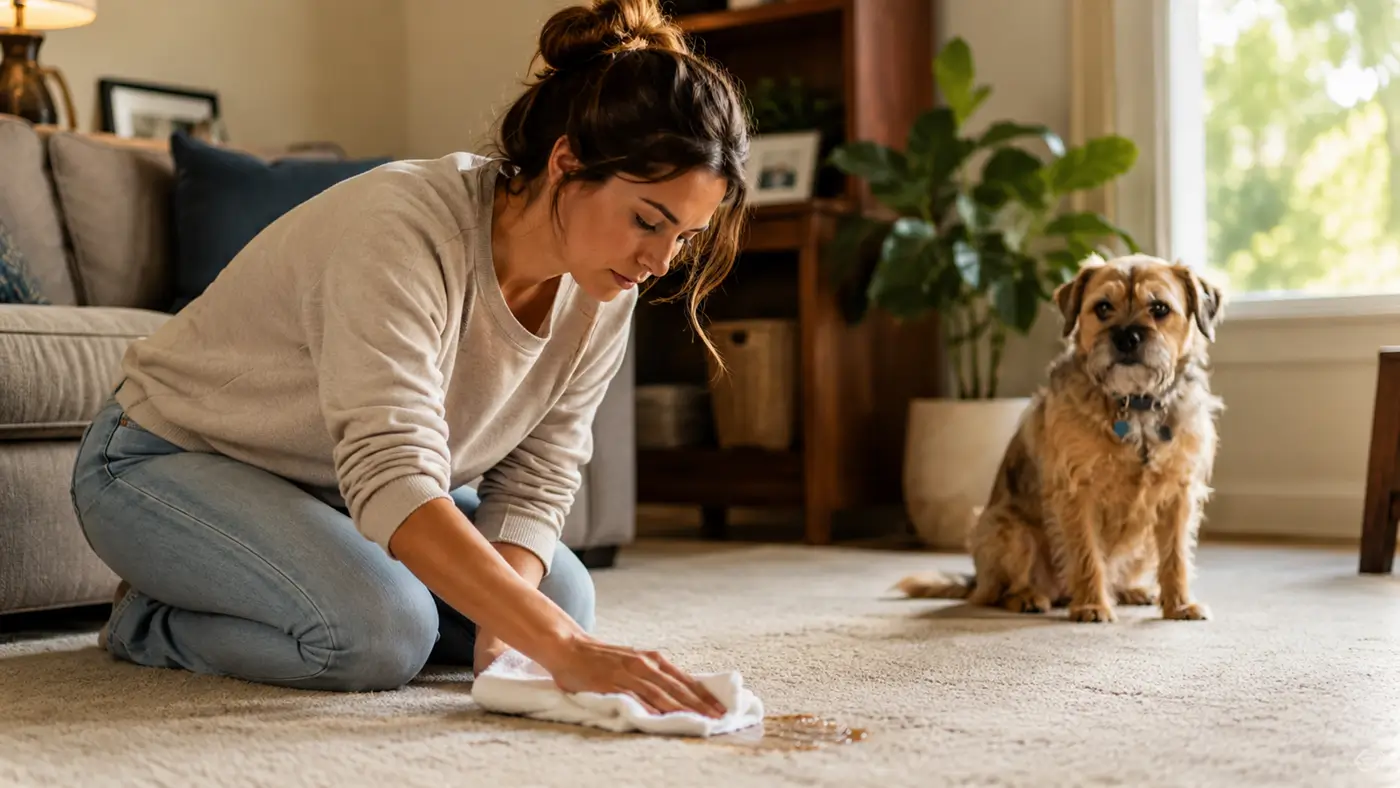 Woman blotting a fresh dog urine stain from living room carpet with a white cloth while her small dog watches nearby.
