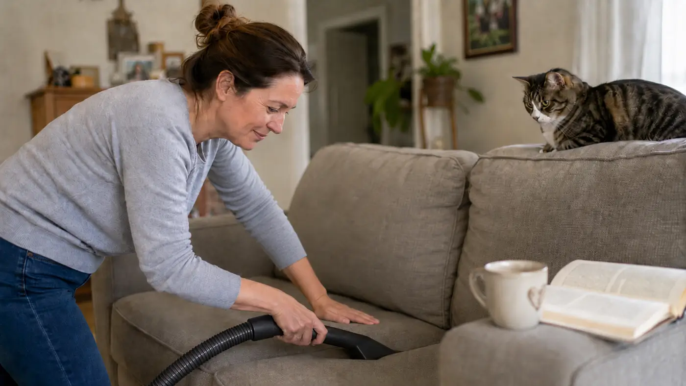 Woman vacuuming a fabric sofa with an upholstery attachment while a cat watches, showing upholstery cleaning care from Valley Professional Carpet & Upholstery Cleaning.