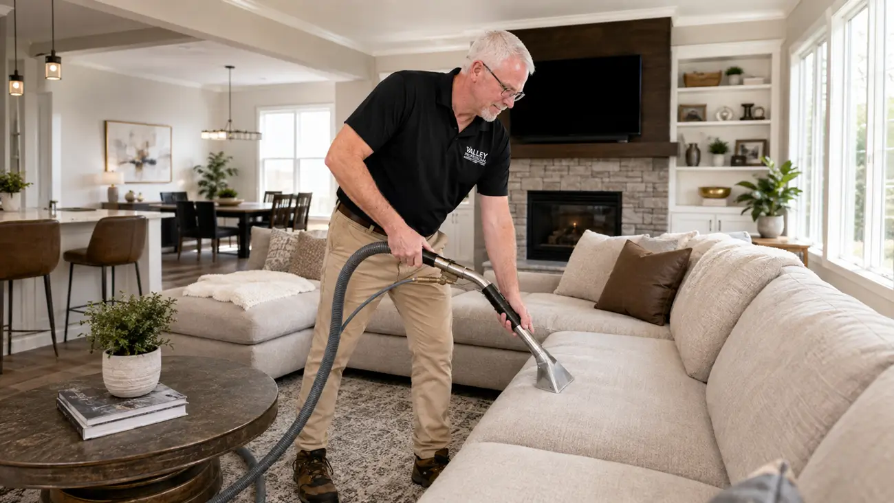 Dean from Valley Professional deep cleaning a living room carpet in a Grandview wine-country home