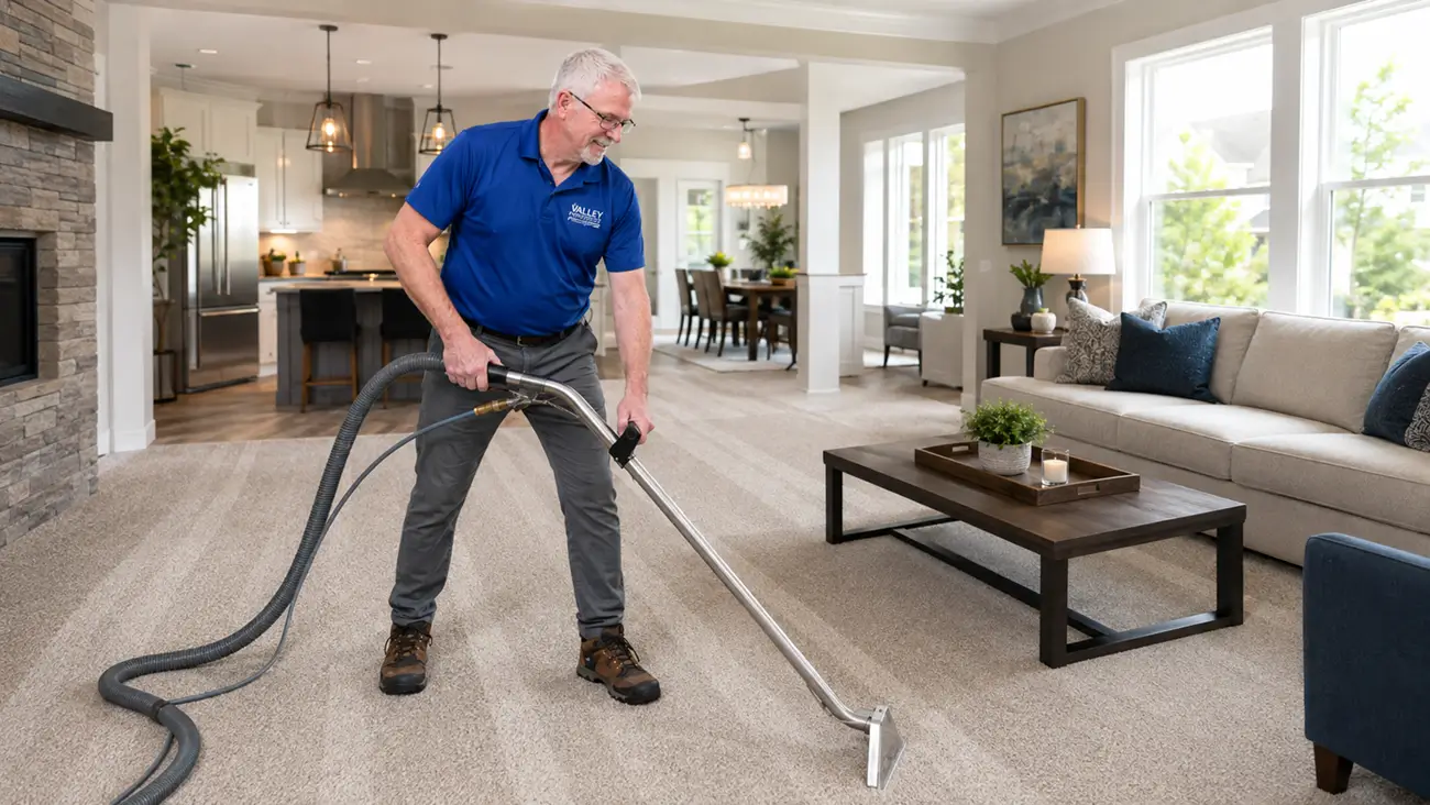 Dean from Valley Professional steam cleaning a carpet in a Wapato family home