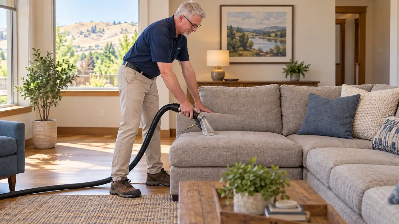 Dean from Valley Professional steam cleaning a couch in a Granger family home