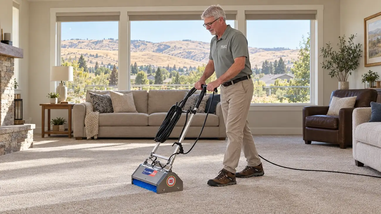 Dean from Valley Professional cleaning the carpet in a Terrace Heights home above the Yakima River