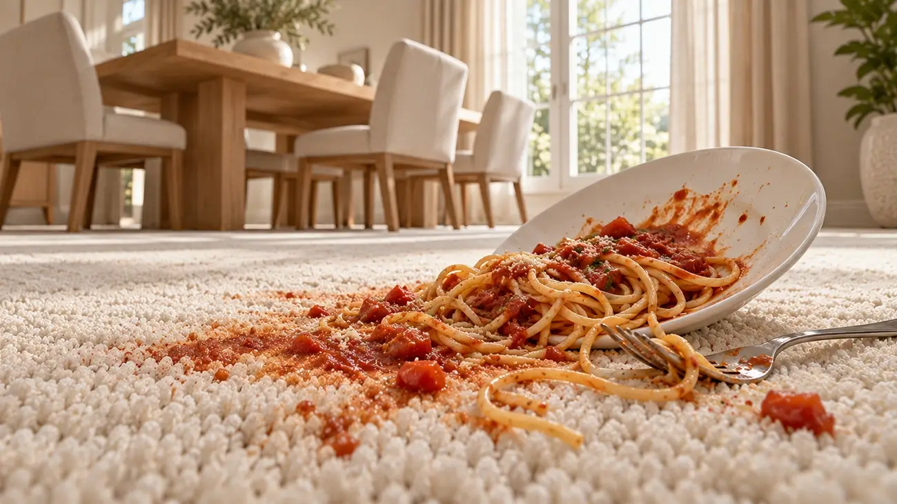 Spilled spaghetti with red tomato sauce on a beige living room carpet