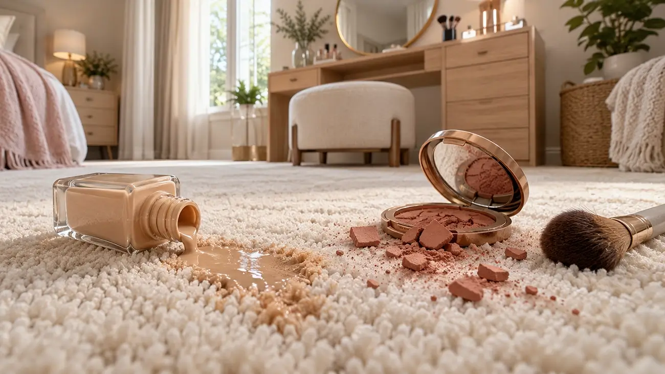 Spilled makeup on a light bedroom carpet with foundation and a lipstick beside it