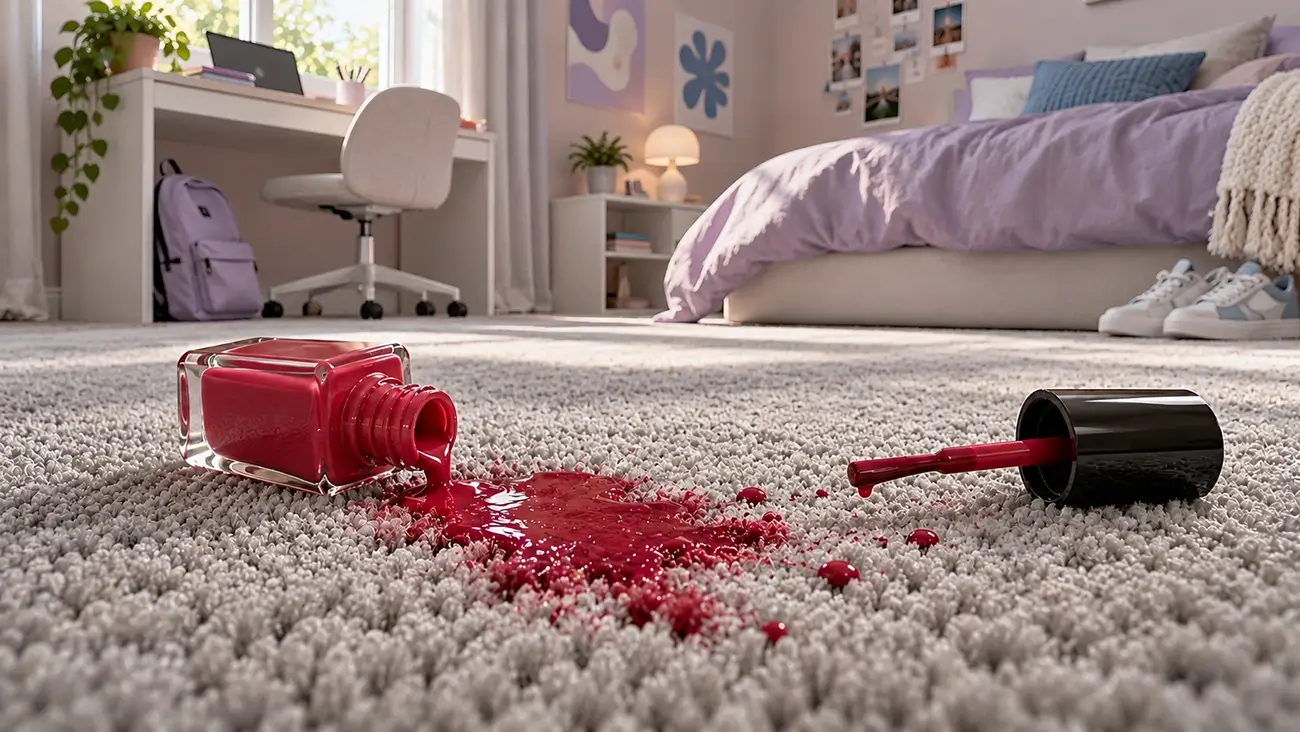 Spilled bottle of red nail polish on a cream-colored carpet
