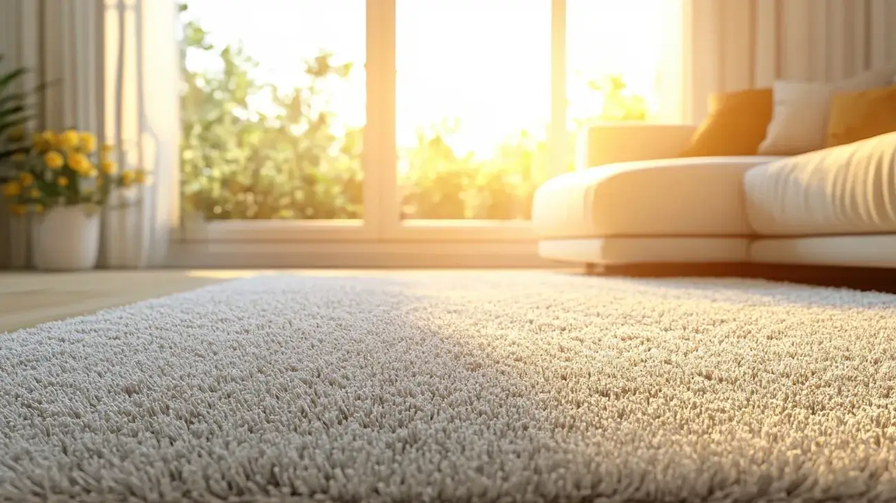 Sunlit living room with clean, dry light gray carpet beside a cream sofa.