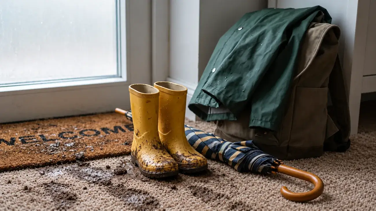 Wet yellow rain boots beside a muddy doormat inside the front door on a rainy fall day.