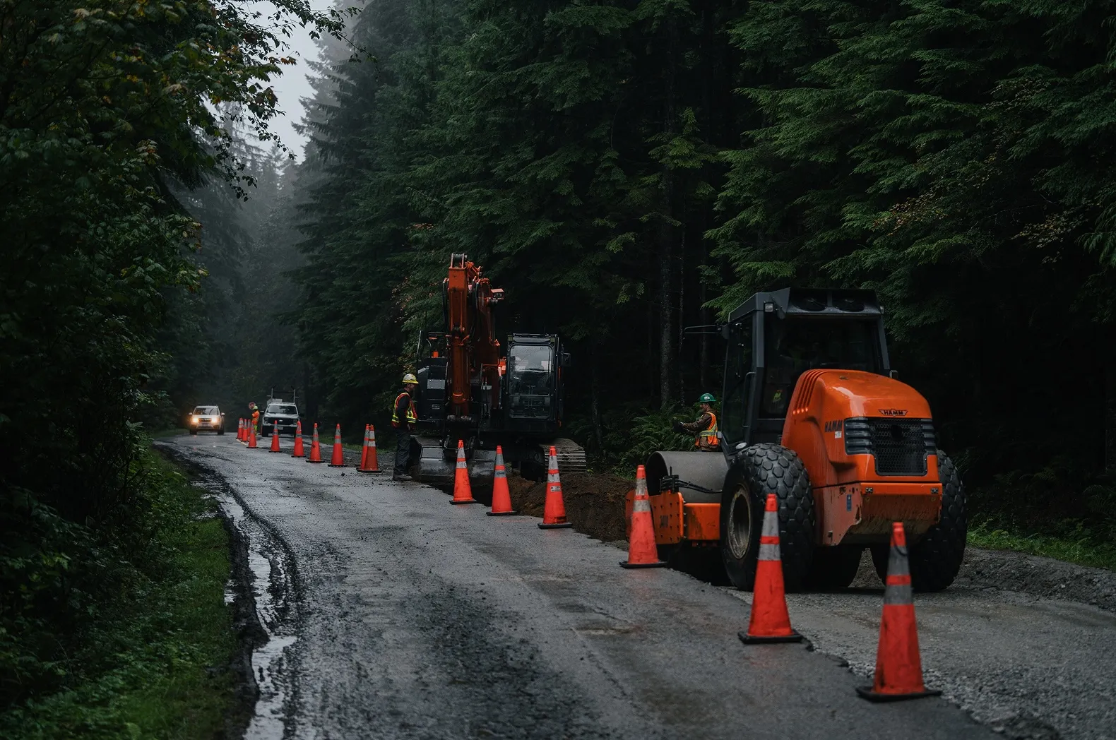 Road construction workers and heavy machinery working on forested roadside with traffic cones.