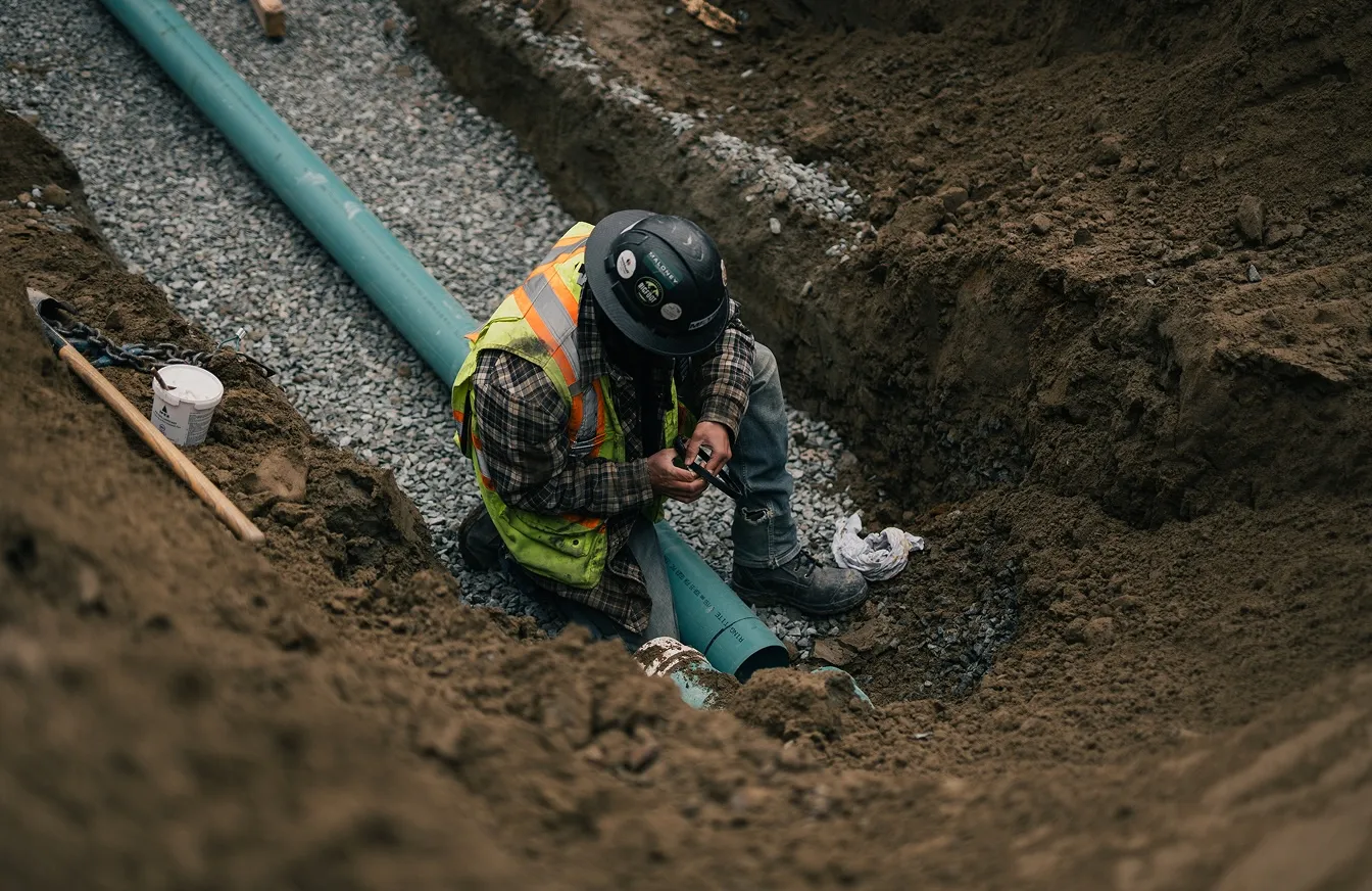 Construction worker in safety vest and helmet working on large pipe in a gravel-lined trench.