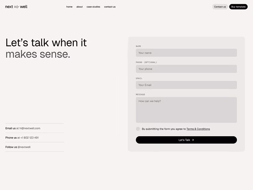 Contact page layout with the tagline 'Let's talk when it makes sense,' a form for name, phone, email, and message, plus contact info and navigation links.