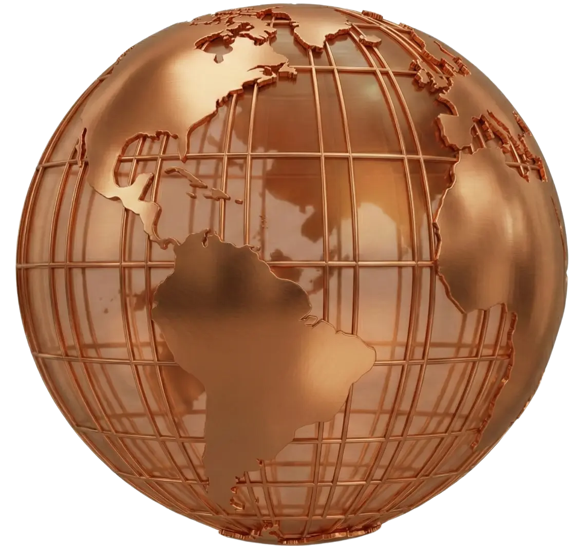 Metallic copper globe with latitude and longitude lines