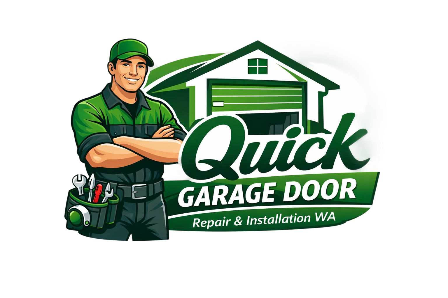 Smiling repairman with tools stands next to a green garage with text Quick Garage Door Repair & Installation WA.
