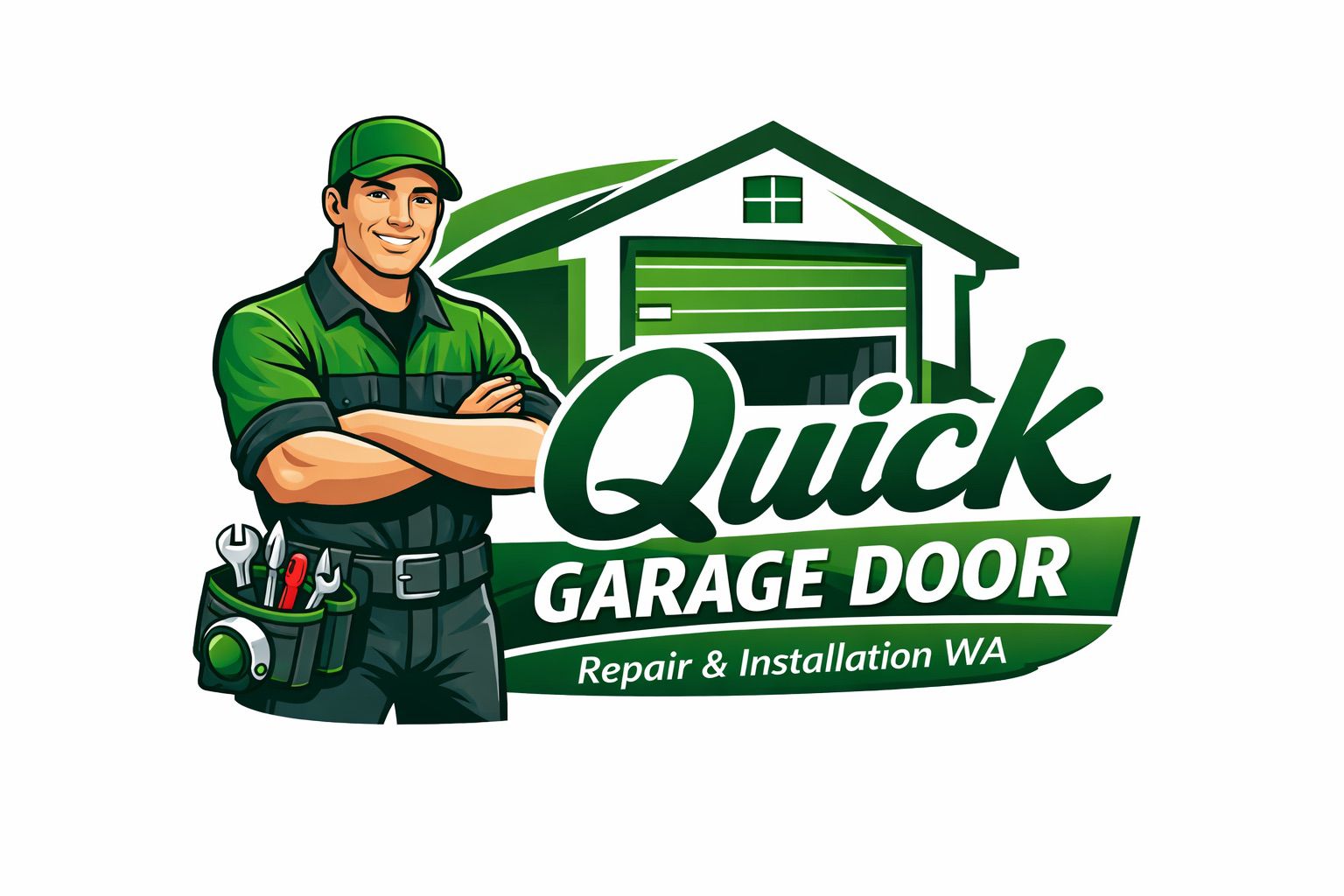 Smiling handyman with tools stands beside a green garage door with Quick Garage Door logo.