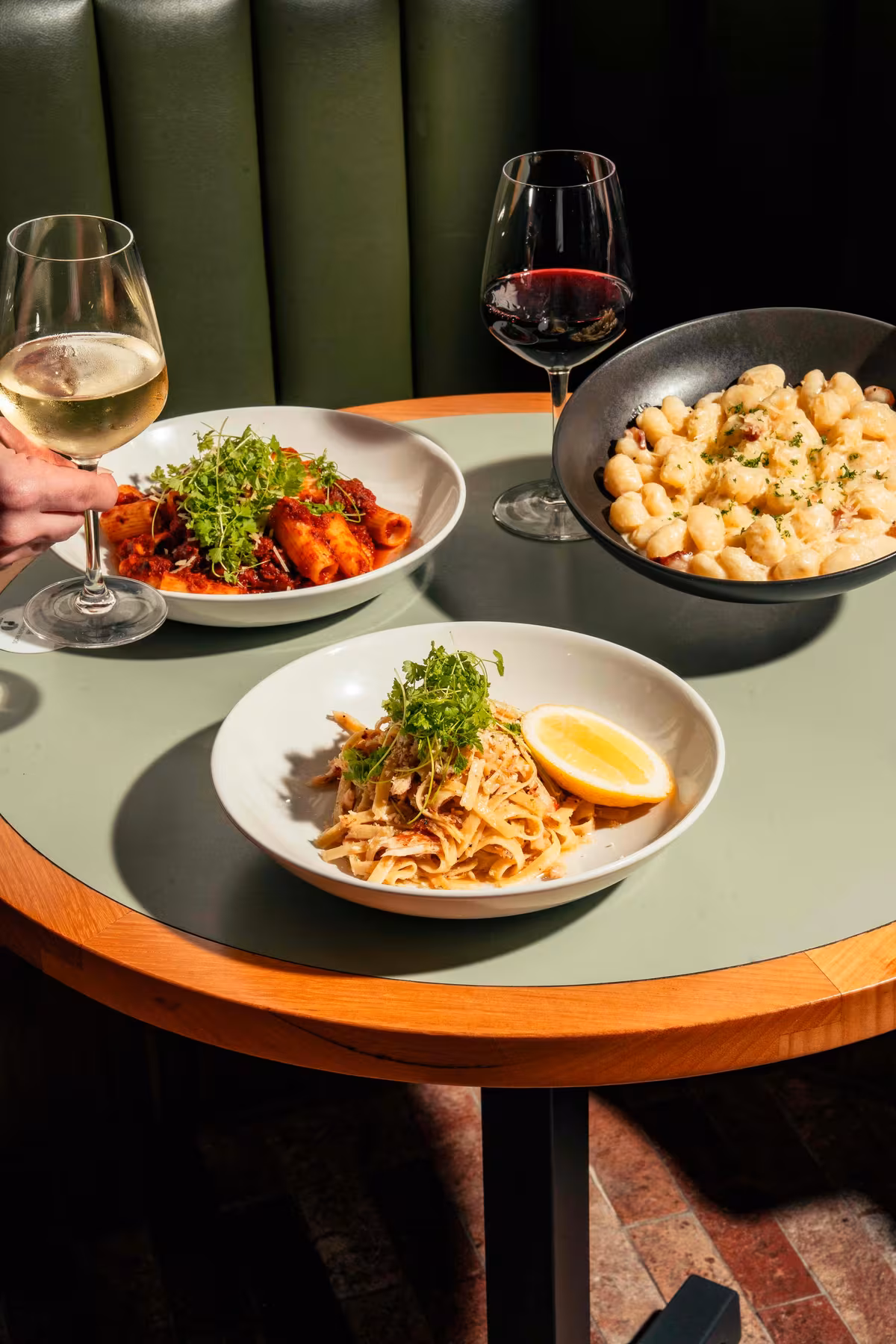 Pasta and a glass of house wine at Ovello Bar & Kitchen, South Bank Brisbane