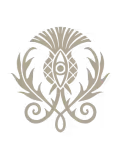 Stylized beige thistle flower emblem with ornate leaves and curling stems on a transparent background.
