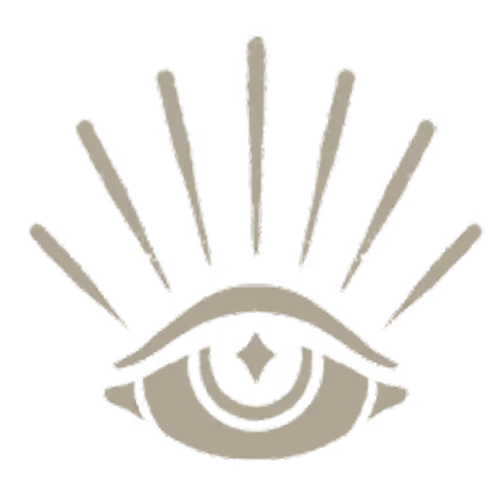 Beige stylized eye icon with radiating rays above it on transparent background.