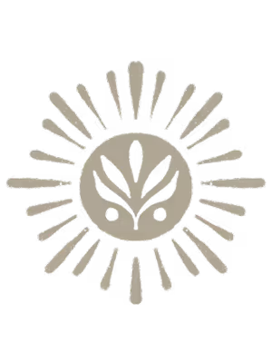 Beige stylized sun icon with a central circle containing a simple plant with three leaves and two dots.