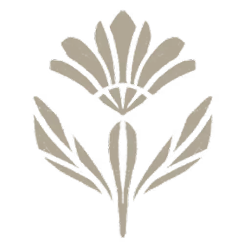 Stylized beige flower icon with three large petals and four leaves on a black background.