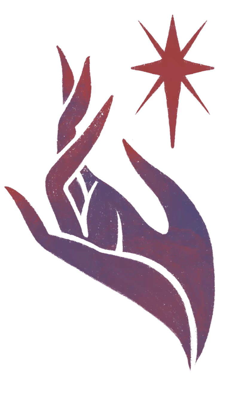 Stylized purple hand with elongated fingers reaching towards an eight-pointed red star above it.