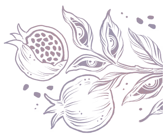 Line drawing of two pomegranates on a branch with leaves and scattered seeds.