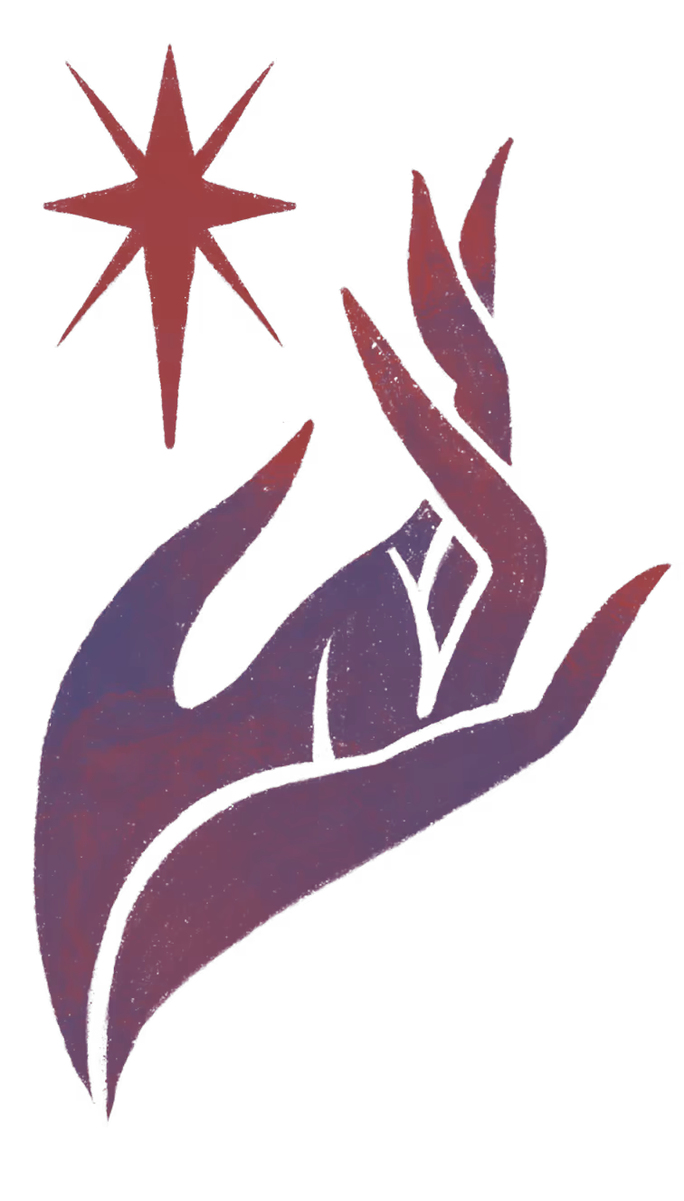 Stylized purple hand with extended fingers reaching toward a red eight-point star.
