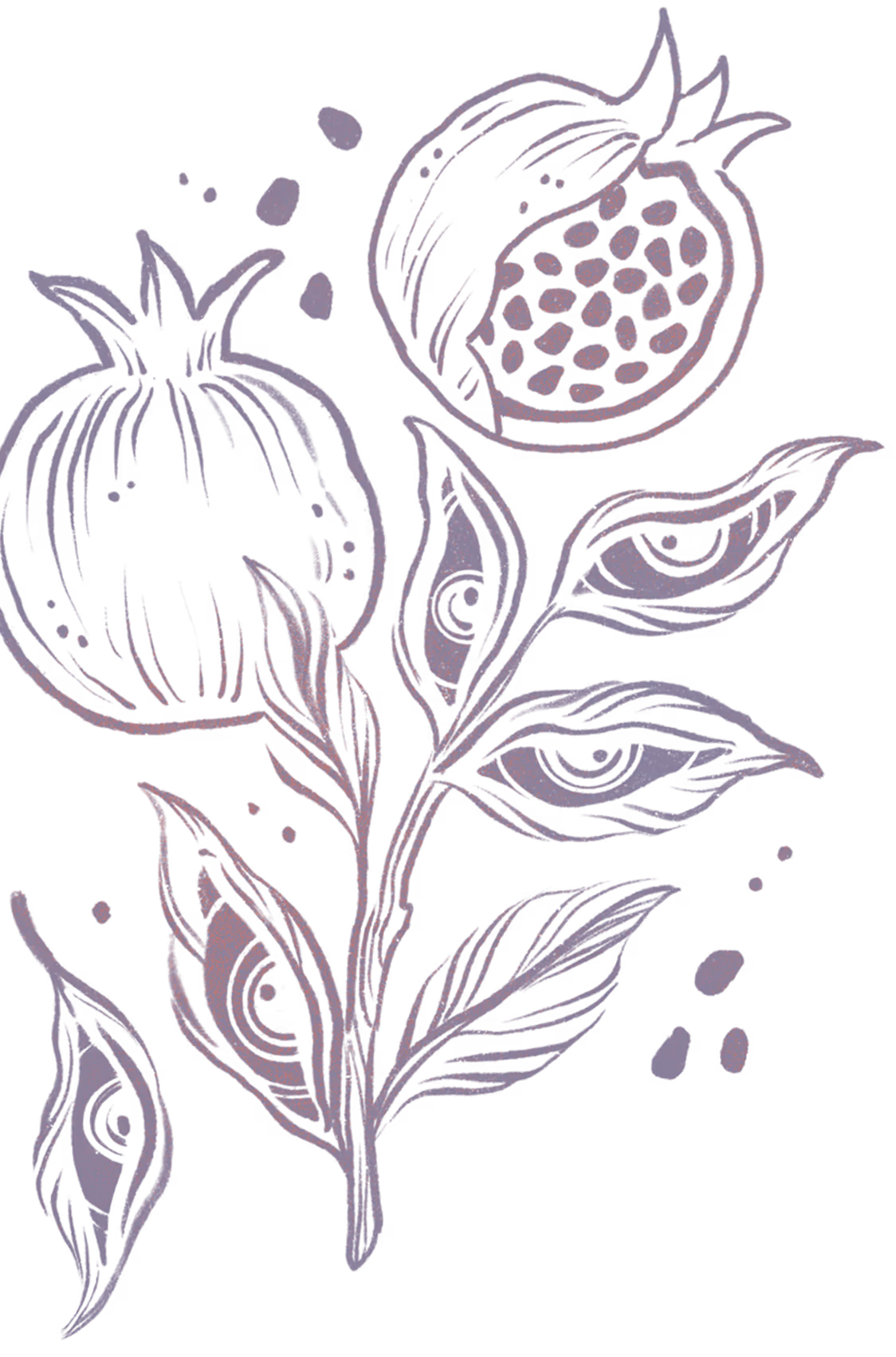 Illustration of pomegranate fruits and leaves with stylized seed patterns inside the open fruit.