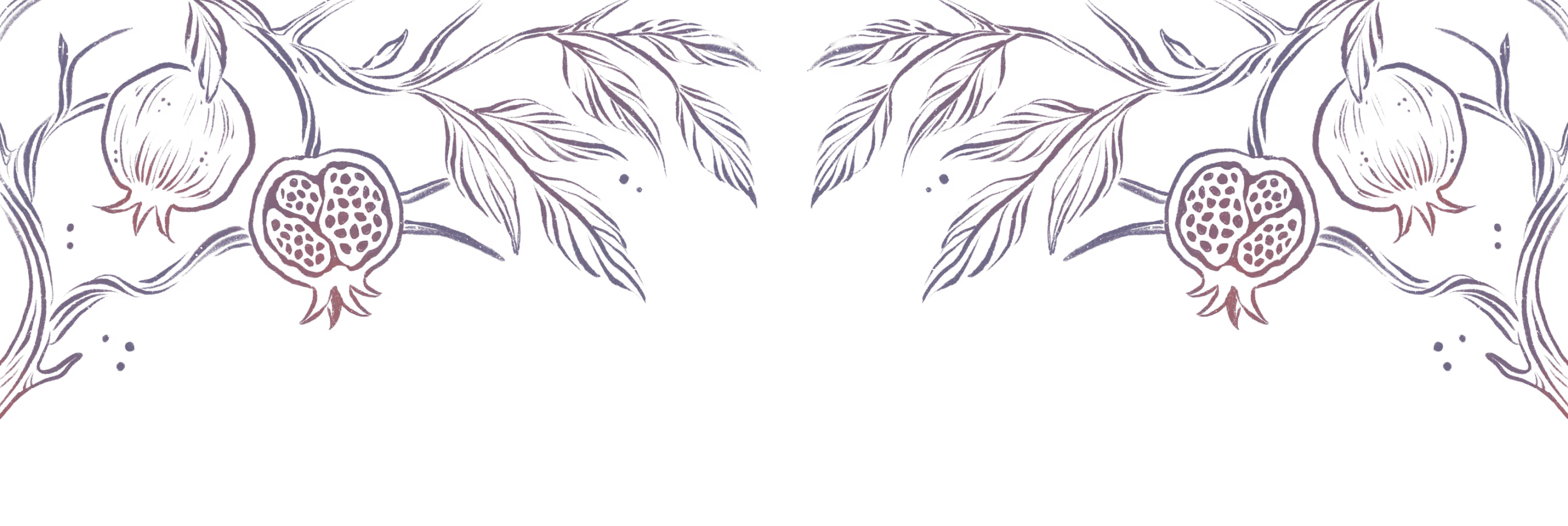 Purple and pink line art illustration of pomegranate fruit and leaves mirrored on black background.