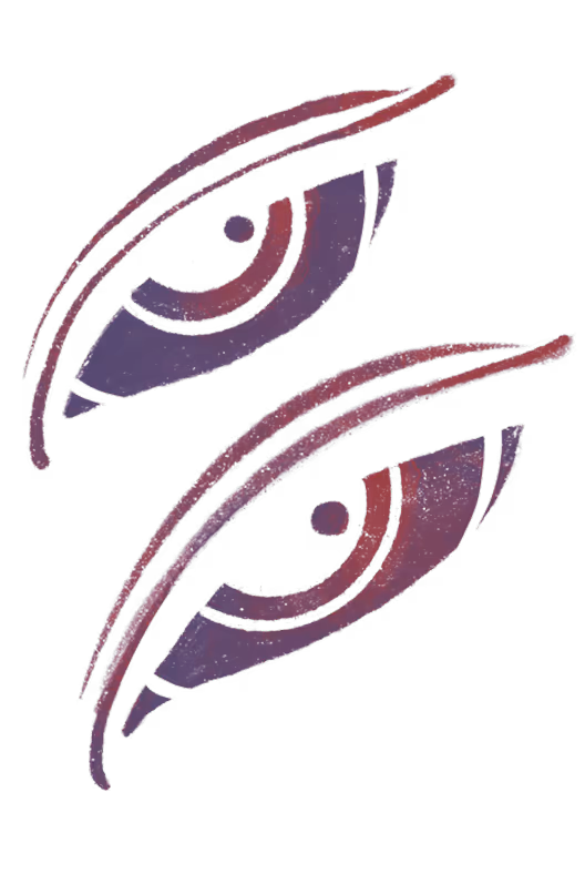 Stylized illustration of two eyes with purple irises and red outlines.