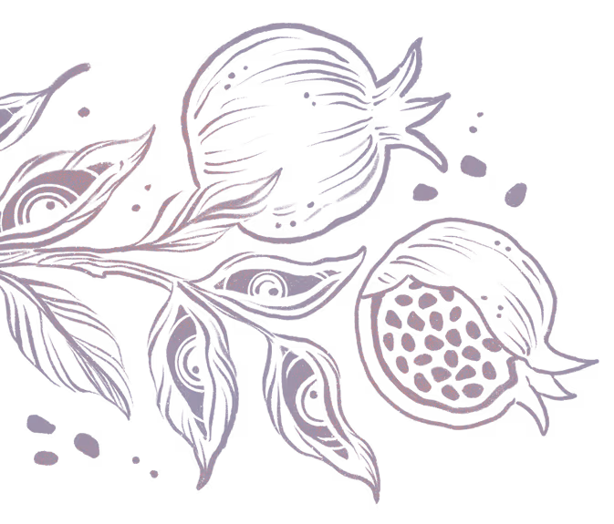 Purple line drawing of pomegranate fruits and leaves on branches.