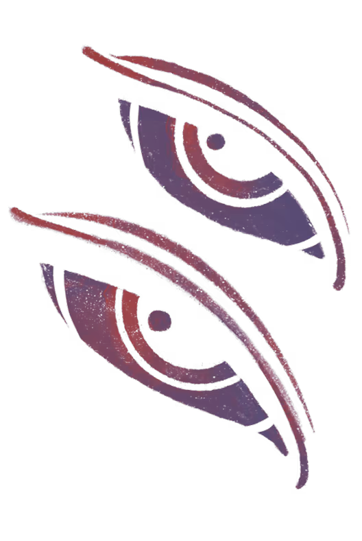 Stylized illustration of two abstract eyes with purple and red curved lines and shapes.