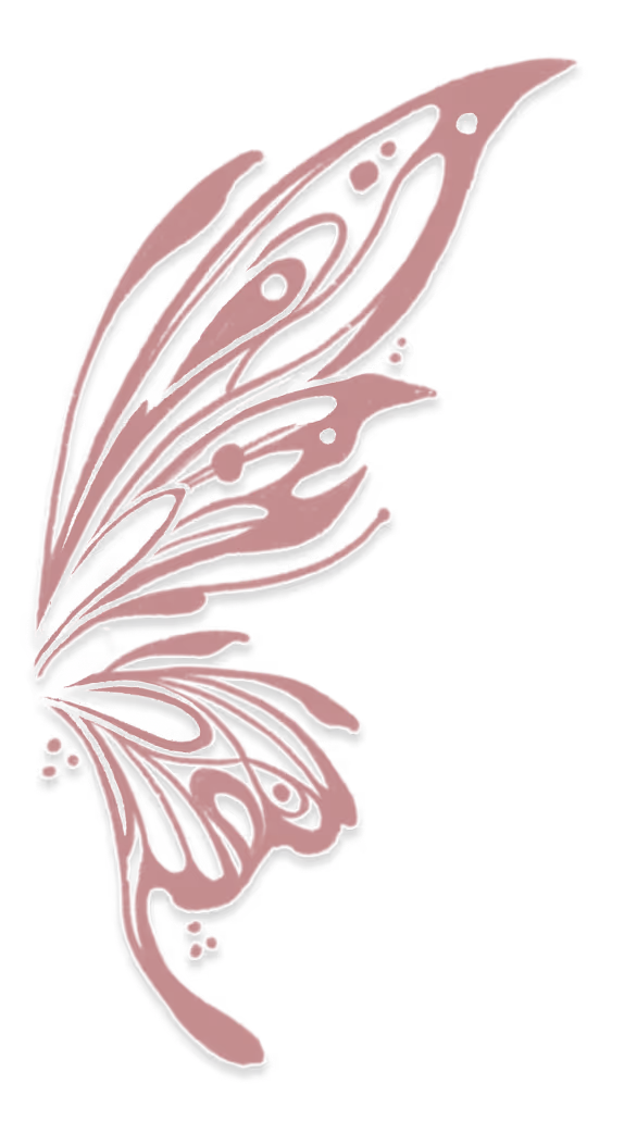 Stylized right butterfly wing illustration in maroon with black accents and intricate patterns.