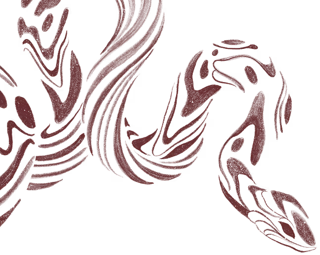 Abstract dark red and black swirling shapes forming a stylized snake design on a transparent background.