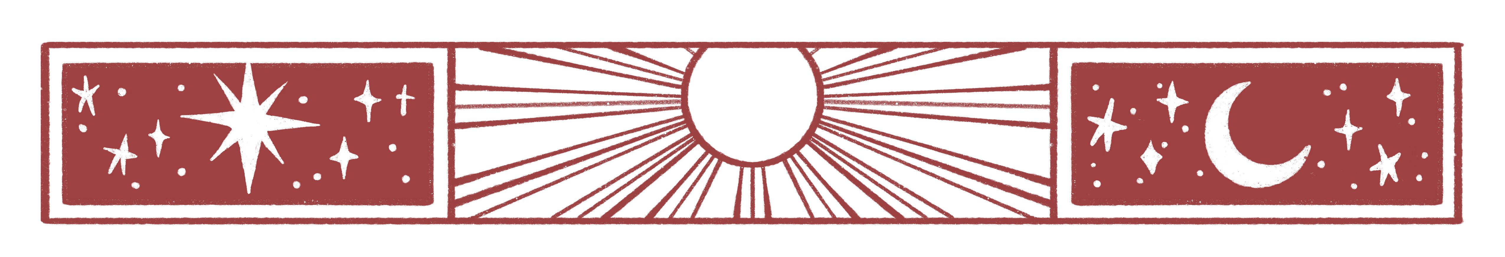 A horizontal decorative banner featuring a central sun with radiating rays, flanked by a star on the left and a crescent moon on the right, each surrounded by small stars.