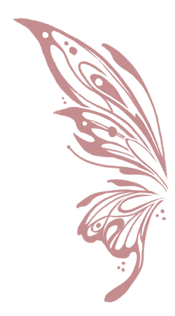 Stylized maroon butterfly wing with intricate, flowing patterns on a transparent background.
