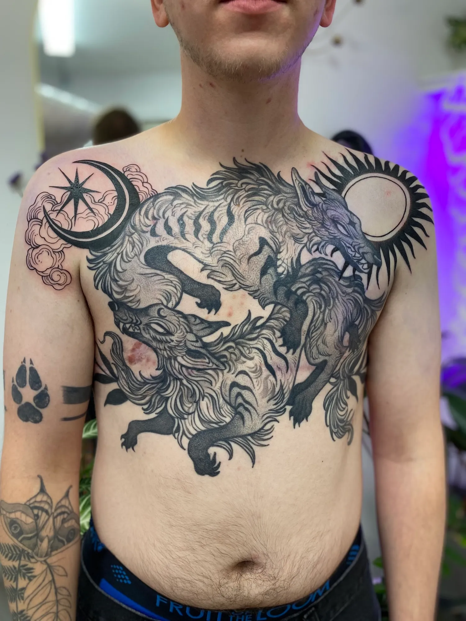 Blackwork chest tattoo of two intertwined wolves with sun, moon and star, by Alyssa at Vale of the Fae in Castlegar, BC