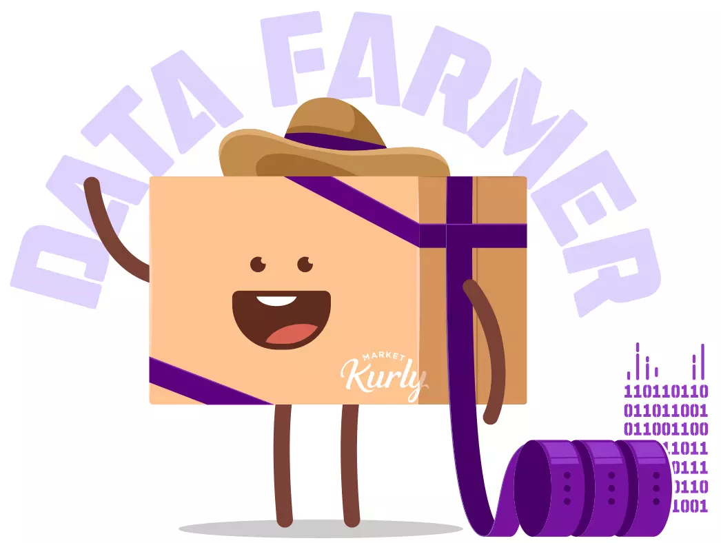 A cute box-shaped character illustration featuring the Market Kurly logo and 'DATA FARMER' text.