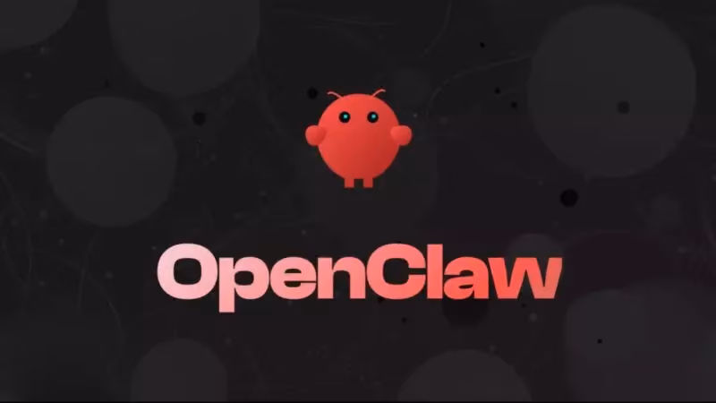 어두운 배경에 귀여운 빨간색 캐릭터 아이콘과 함께 'OpenClaw'라는 텍스트가 분홍색으로 쓰여 있는 오픈클로 플랫폼의 공식 로고 및 아이덴티티 이미지
