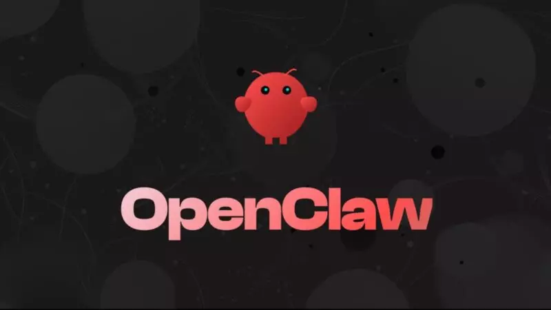 어두운 배경에 귀여운 빨간색 캐릭터 아이콘과 함께 'OpenClaw'라는 텍스트가 분홍색으로 쓰여 있는 오픈클로 플랫폼의 공식 로고 및 아이덴티티 이미지